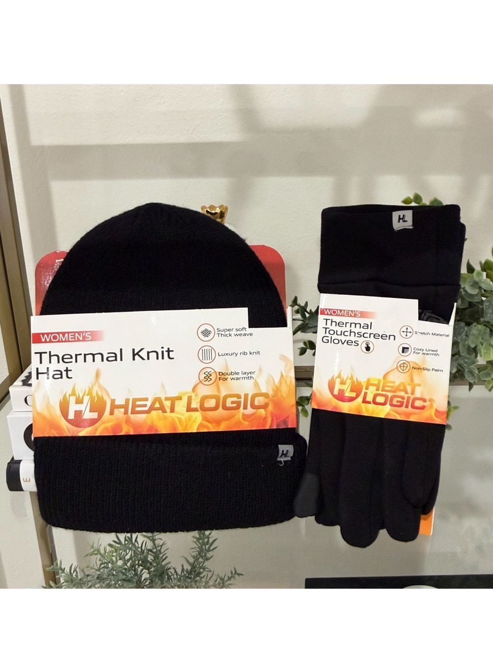 Black Thermal Knit Hat and Touchscreen Gloves Set